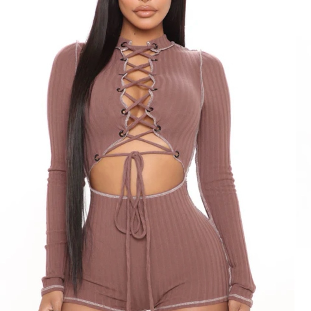 Lace-Up Long Sleeve Romper in Brown